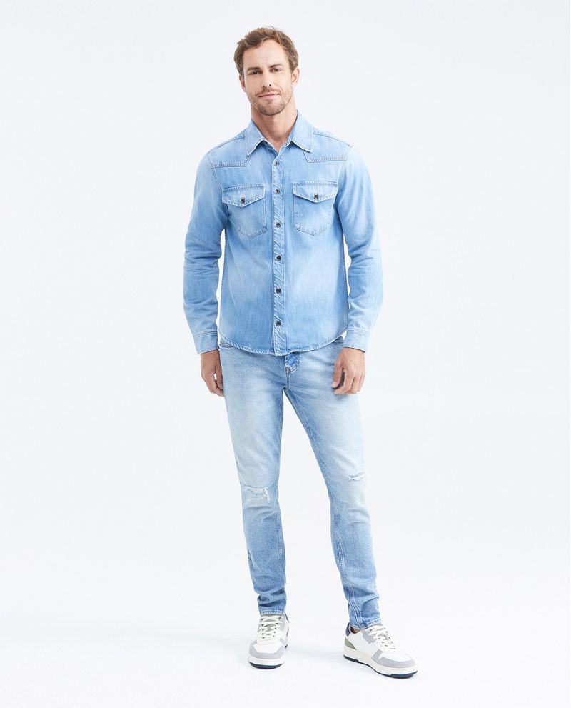 Chevignon Camisa en Denim Rígido Slim Fit Manga Larga Azul Claro Lavado Vintage para Hombre Venta caliente