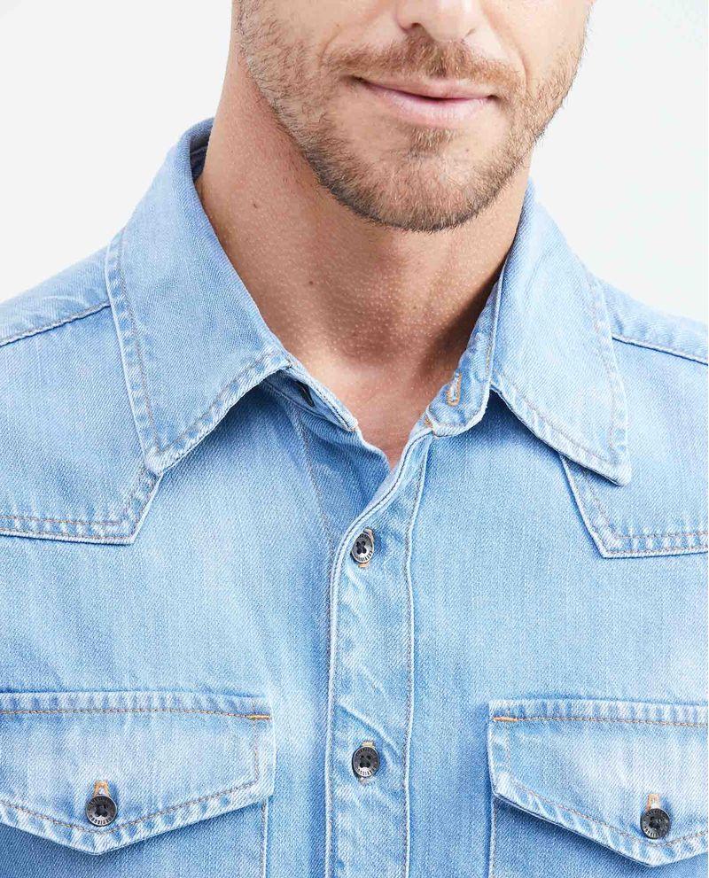Chevignon Camisa en Denim Rígido Slim Fit Manga Larga Azul Claro Lavado Vintage para Hombre Venta caliente