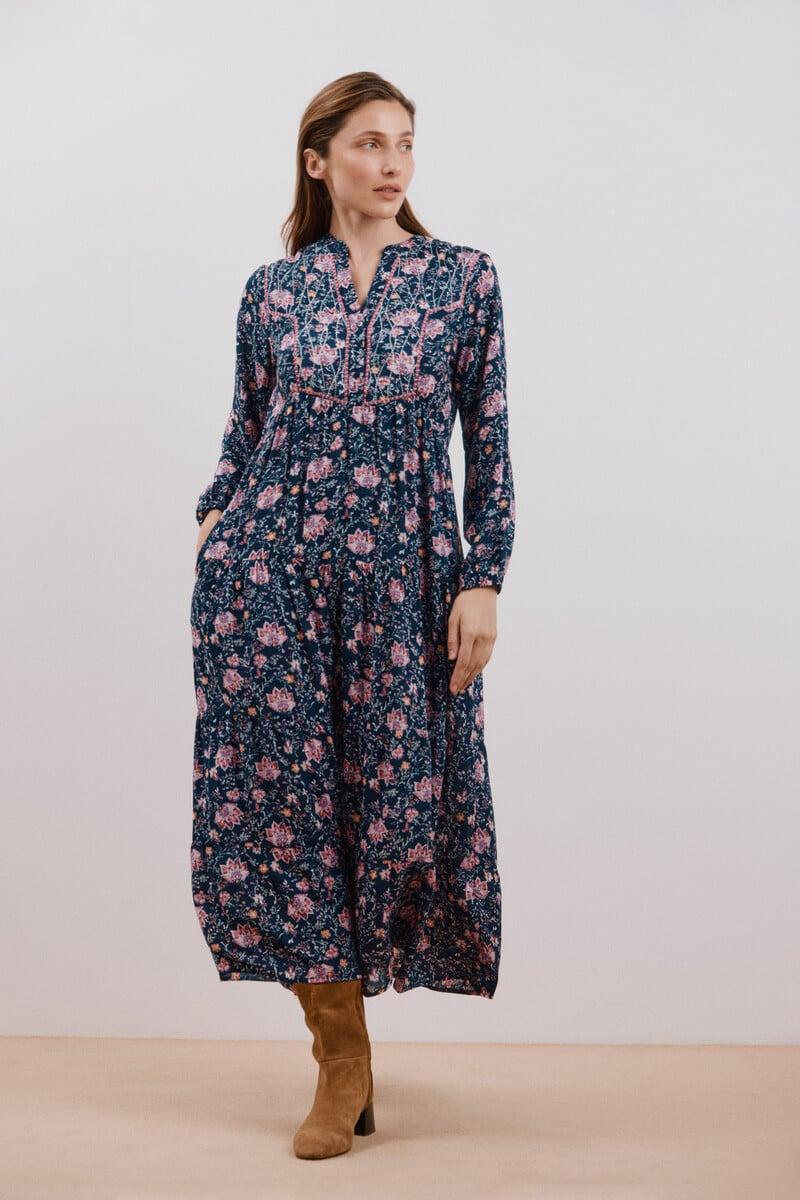Cortefiel Vestido largo estampado con bordado a contraste Descuento