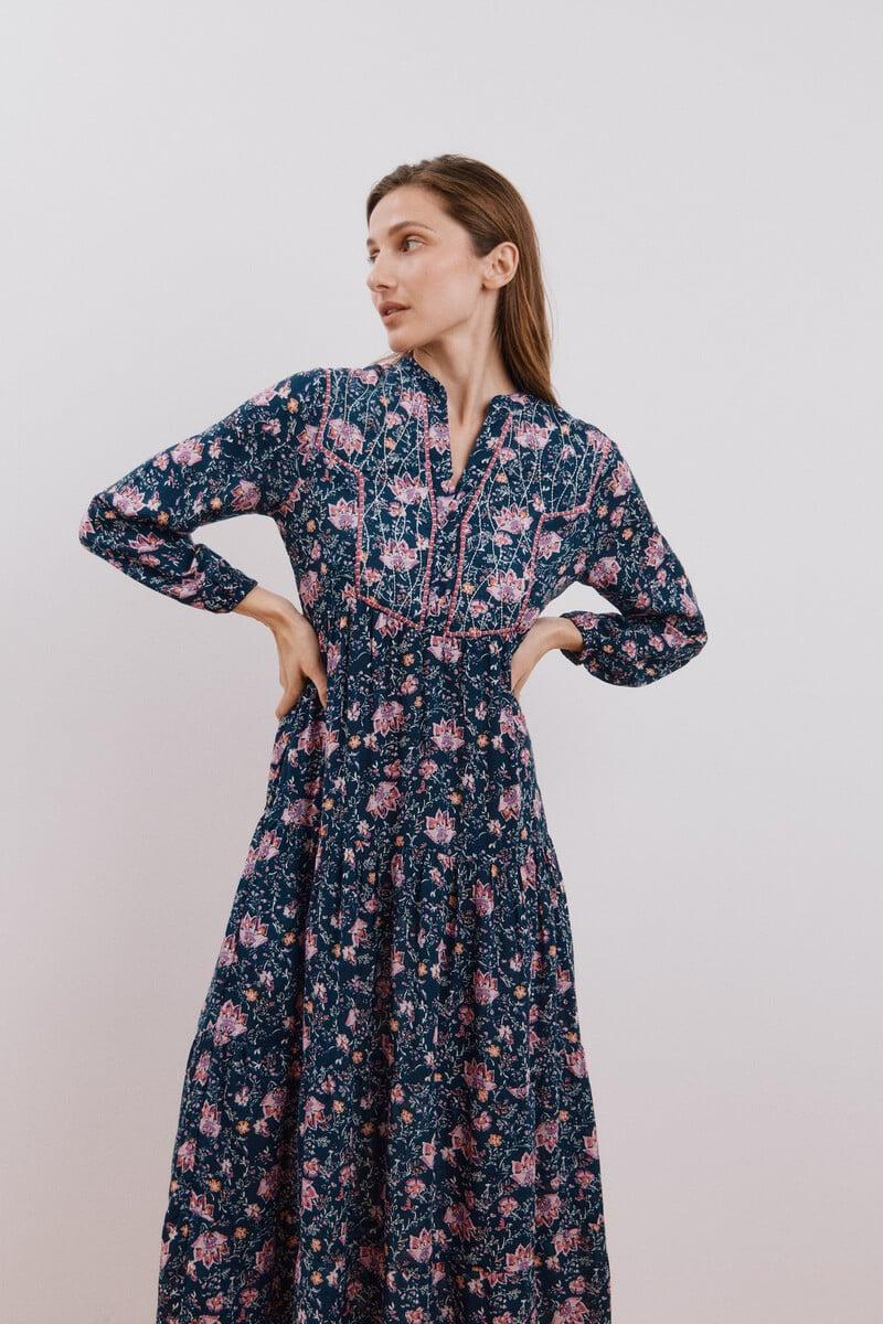 Cortefiel Vestido largo estampado con bordado a contraste Descuento