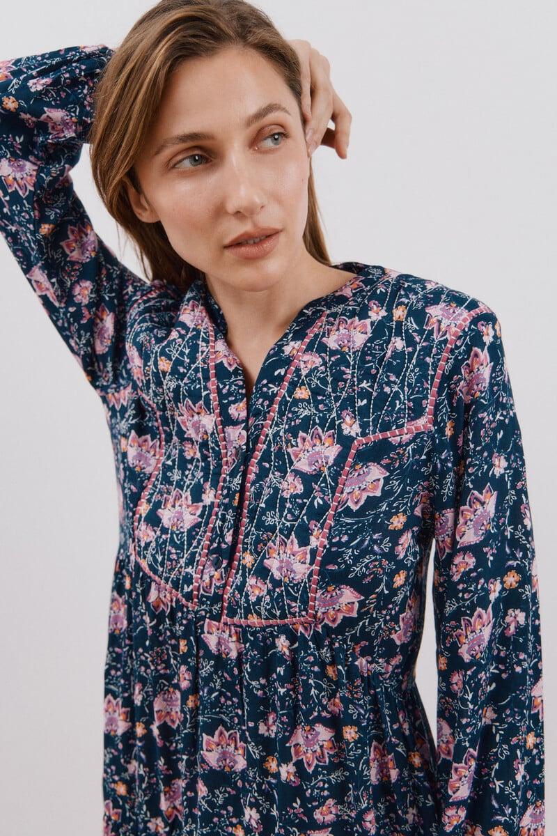 Cortefiel Vestido largo estampado con bordado a contraste Descuento