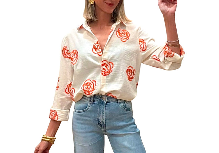 jolie jolie Camisa bordada beige&naranja Última moda