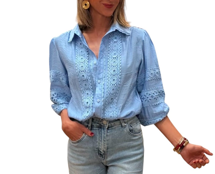 jolie jolie Camisa bordados azul celeste Ofertas especiales