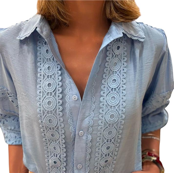 jolie jolie Camisa bordados azul celeste Ofertas especiales