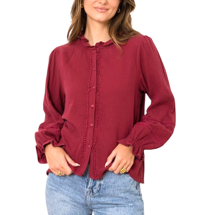 jolie jolie Camisa detalles burdeos Últimos 3 días