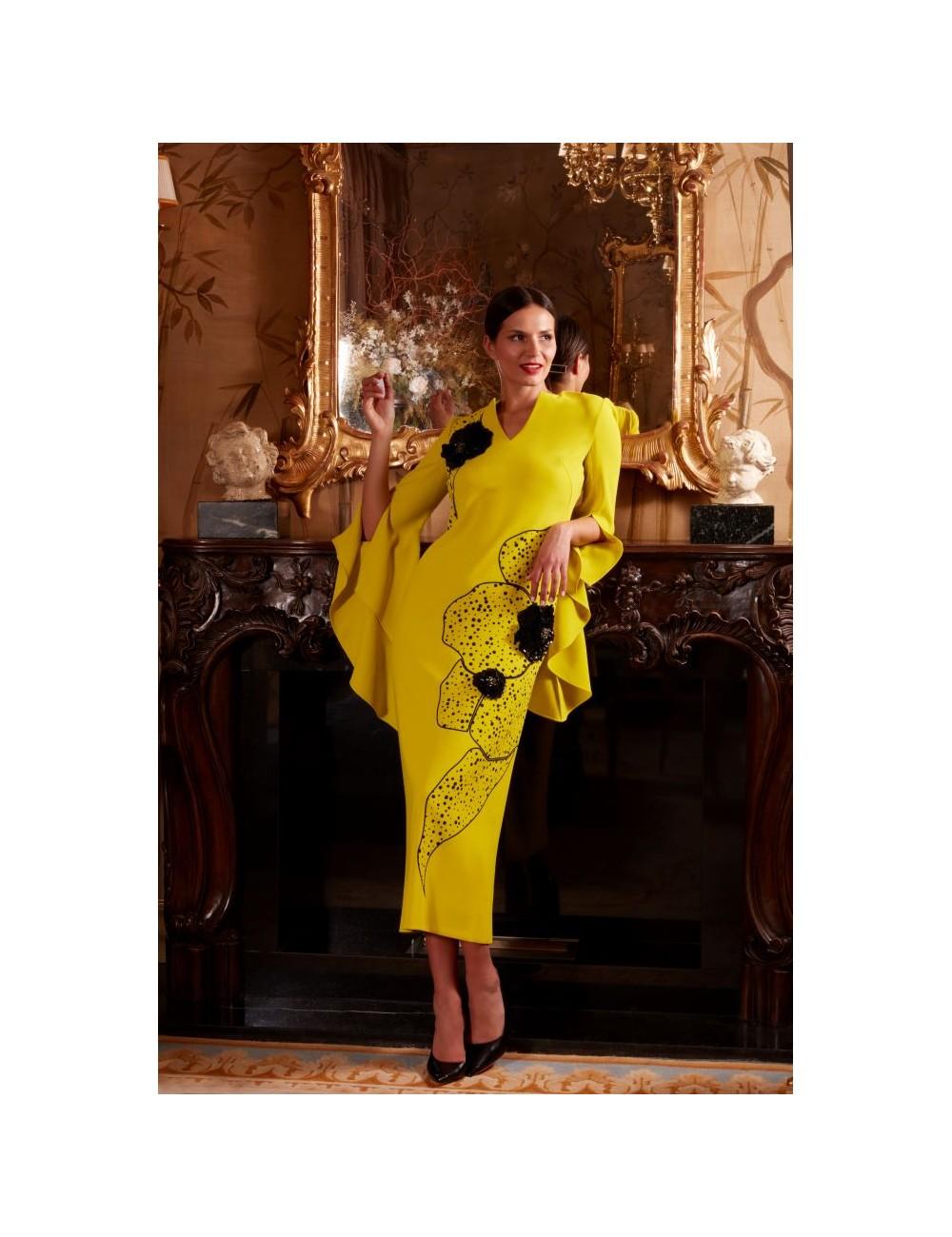 pertegaz Vestido volantes con print y bordado floral amarillo Outlet online