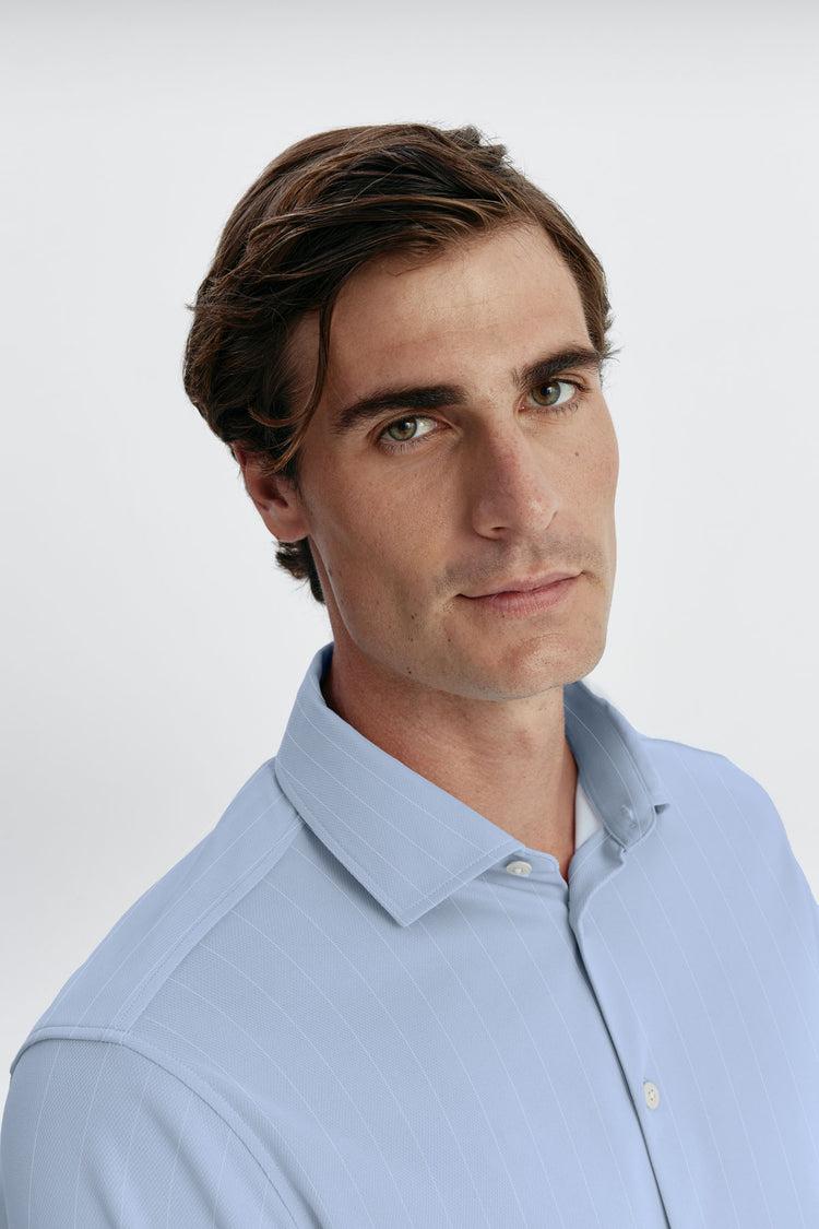sepiia Camisa de vestir hombre azul celeste rayas blancas regular En oferta