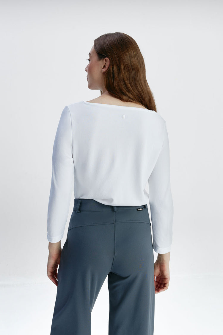 sepiia Camiseta mujer cuello barco blanco Descuento por venta flash