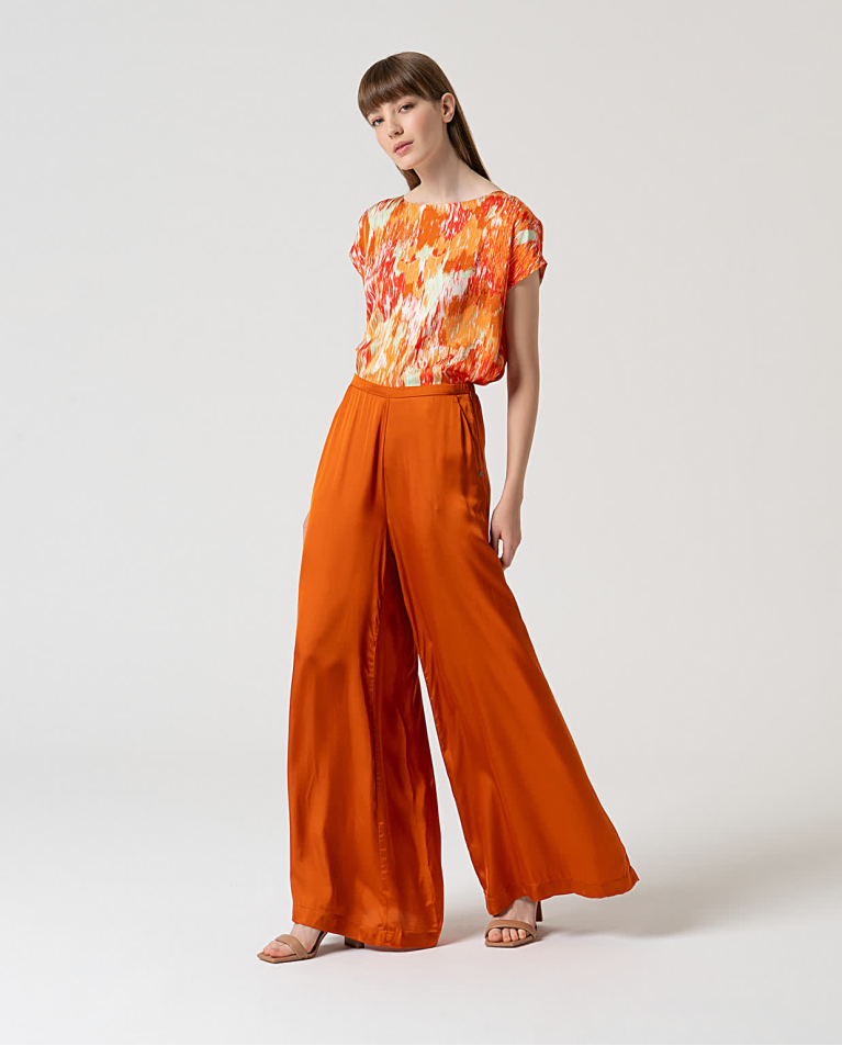 surkana Pantalón wide leg satinado liso Teja