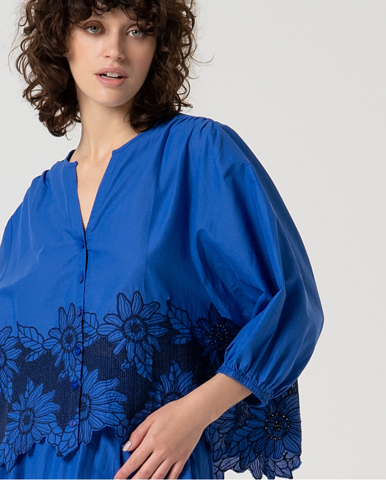 surkana Blusa oversize algodón con bordado Azul Cobalto Grandes ahorros