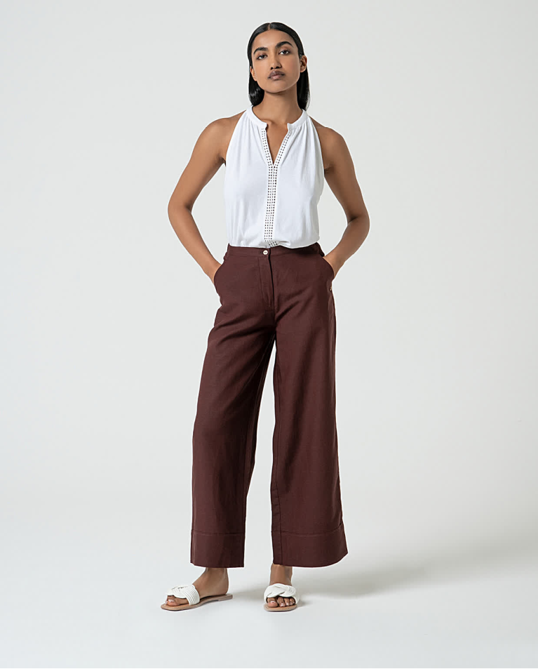 surkana Pantalón ancho de lino liso Marrón Oferta especial de fábrica