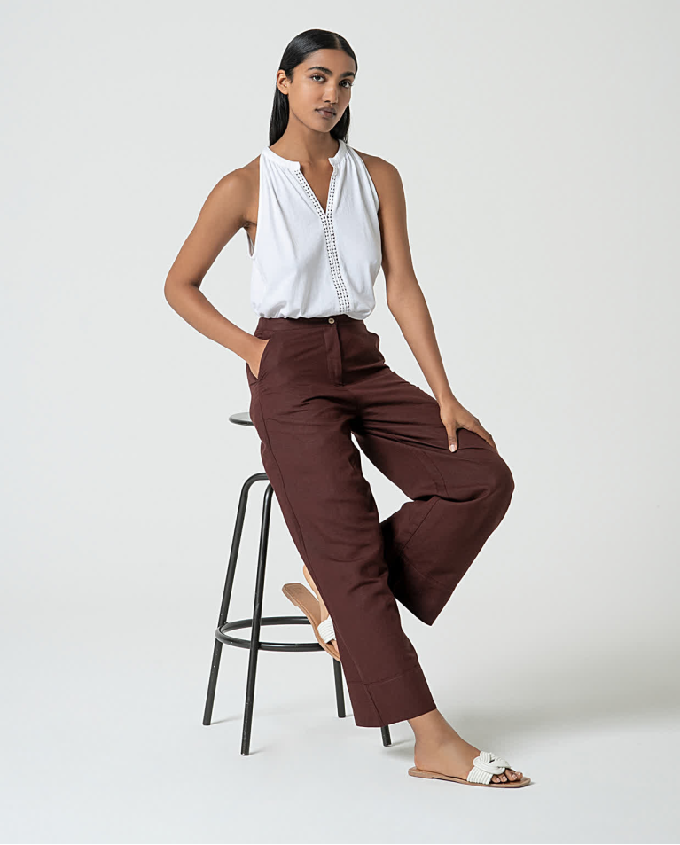 surkana Pantalón ancho de lino liso Marrón Oferta especial de fábrica