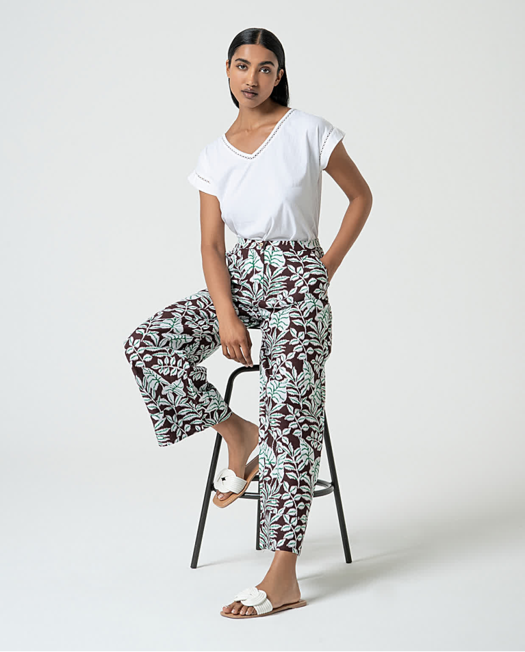 surkana Pantalón ancho de lino estampado Marrón Superdescuento