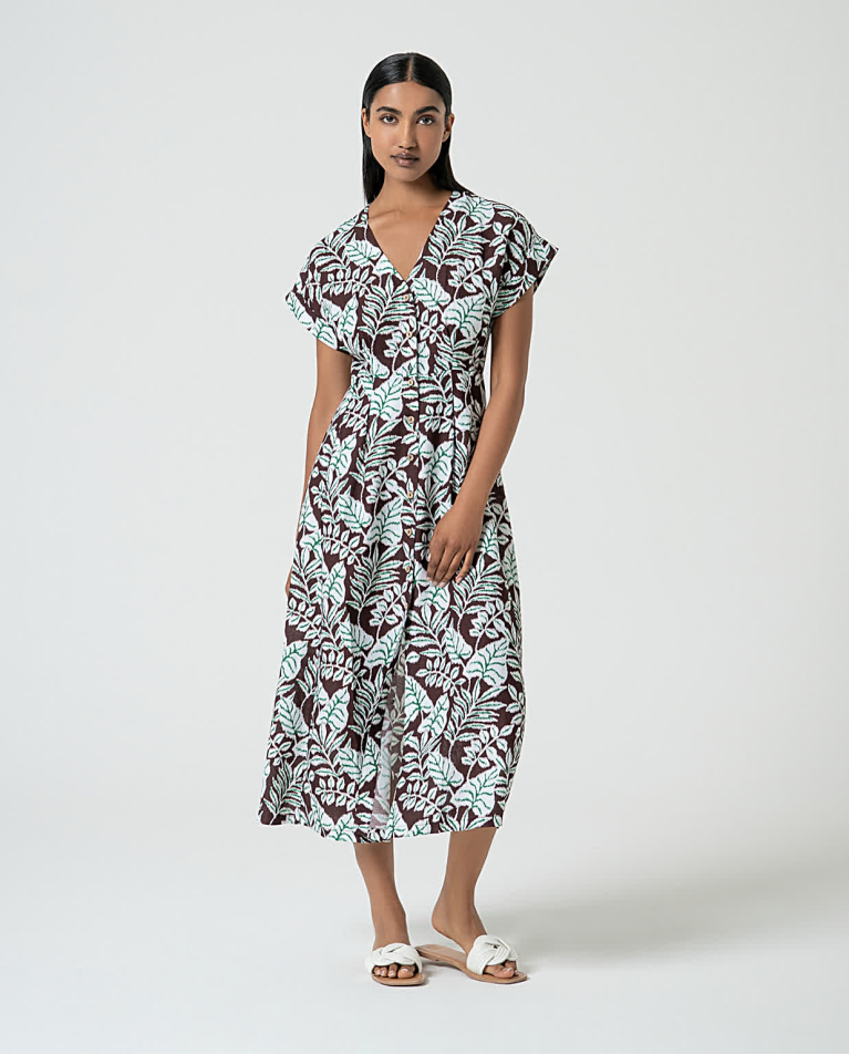 surkana Vestido camisero de lino estampado Marrón
