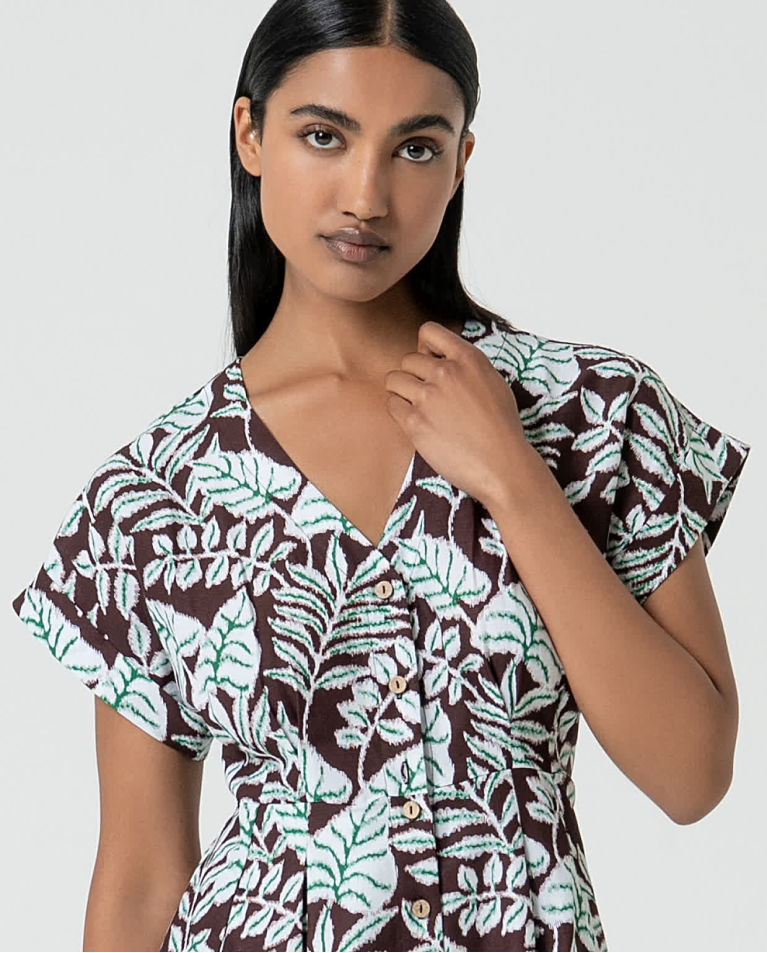 surkana Vestido camisero de lino estampado Marrón Grandes descuentos