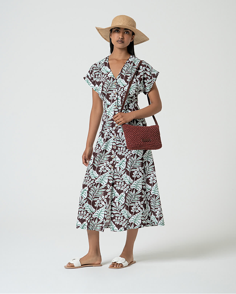 surkana Vestido camisero de lino estampado Marrón Grandes descuentos