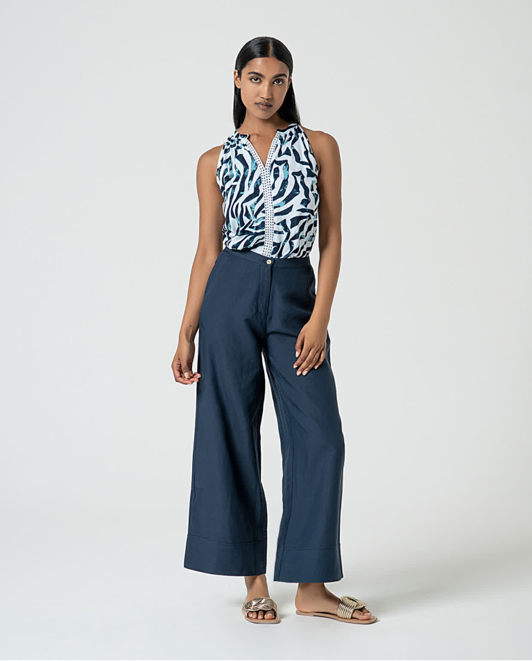 surkana Pantalón ancho de lino liso Marino