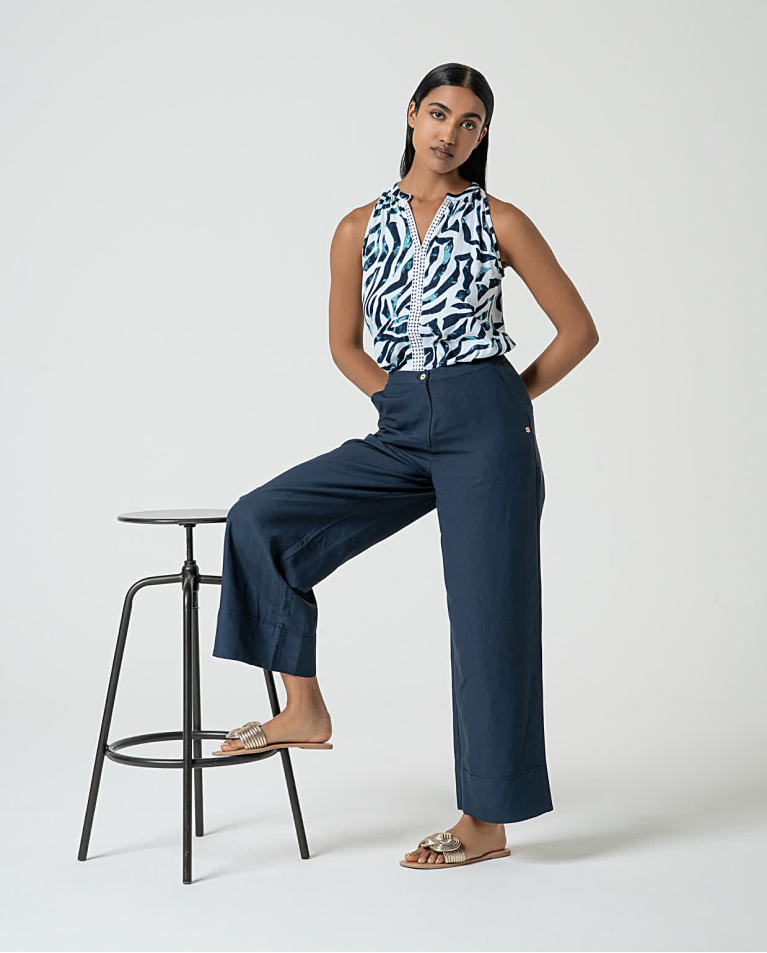 surkana Pantalón ancho de lino liso Marino Tienda de fábrica