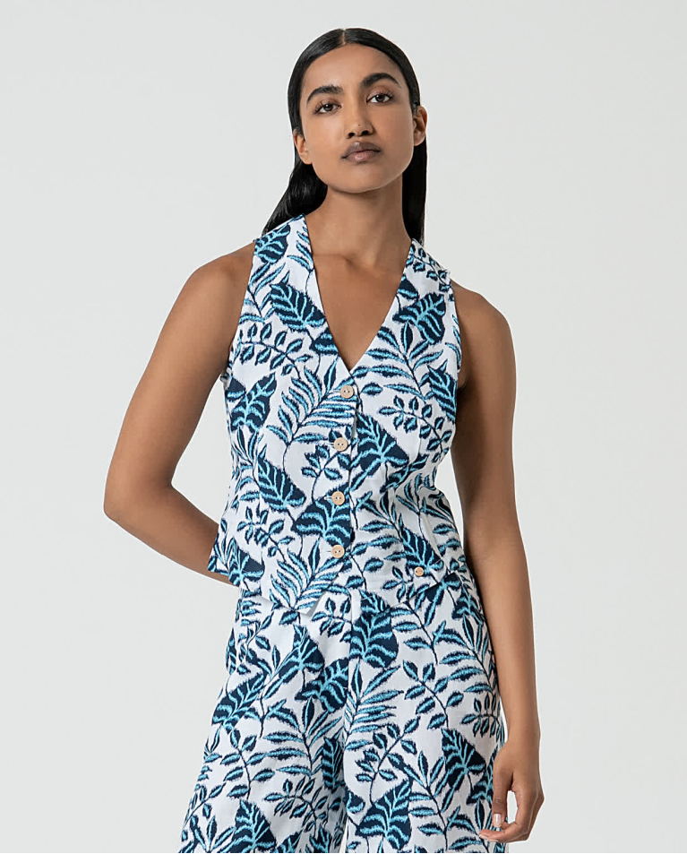 surkana Chaleco de lino estampado Azul