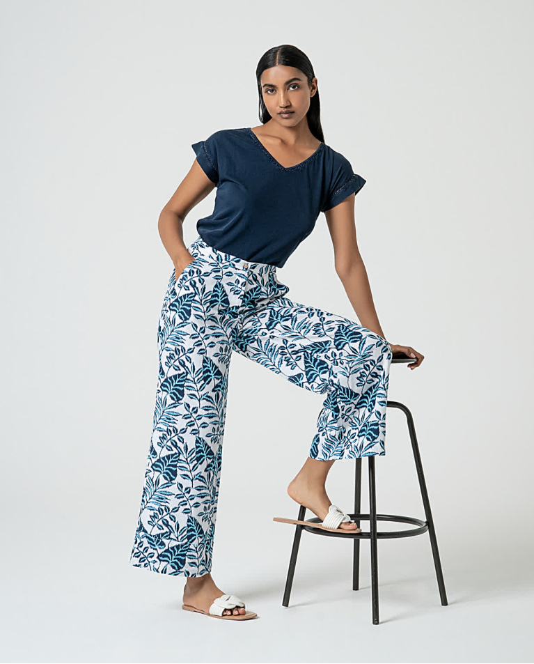 surkana Pantalón ancho de lino estampado Azul Precios de Black Friday