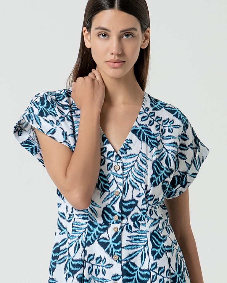 surkana Vestido camisero de lino estampado Azul En oferta