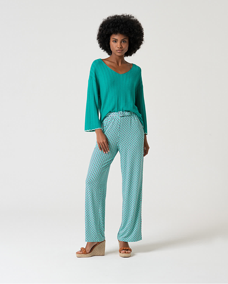 surkana Pantalón elástico con cinturón estampado Verde Agua