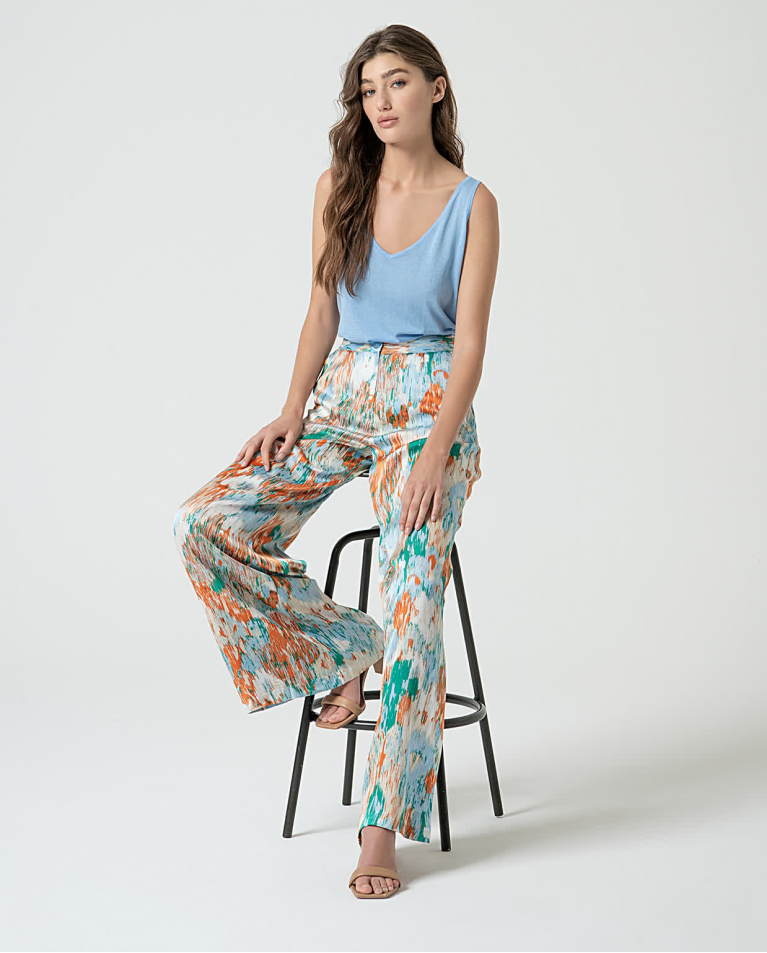 surkana Pantalón palazzo satinado estampado Azul 2025