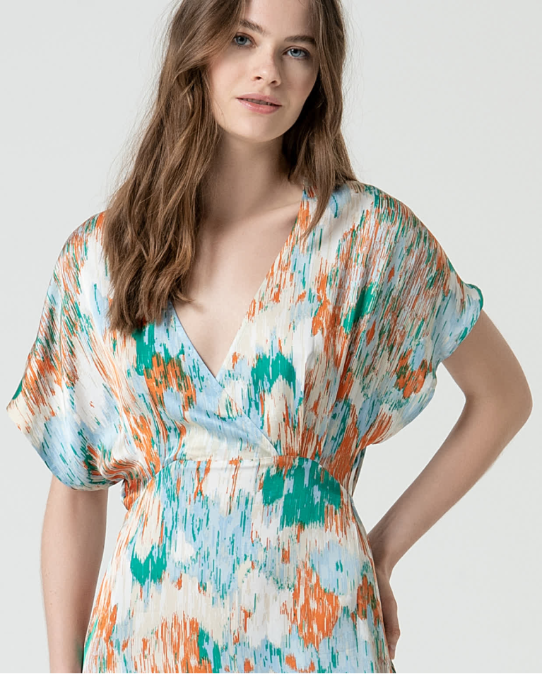 surkana Vestido largo satinado estampado Azul Rebajas online