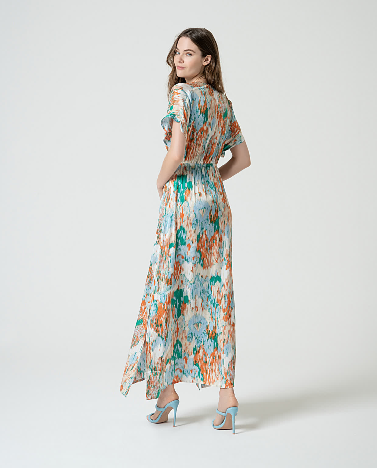surkana Vestido largo satinado estampado Azul Rebajas online