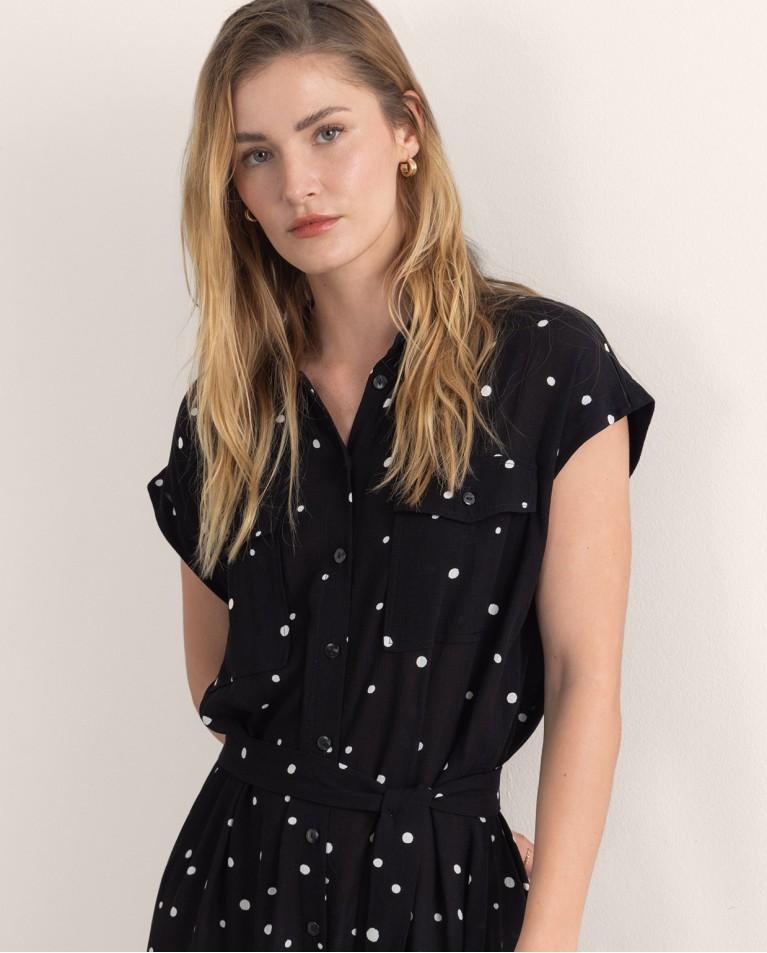 surkana Vestido camisero corto estampado lunares Negro Liquidación