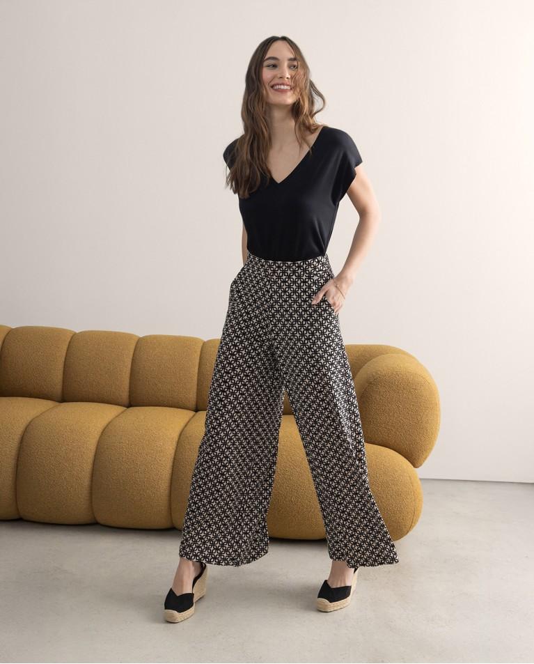surkana Pantalón culotte elástico estampado Negro Oferta exclusiva