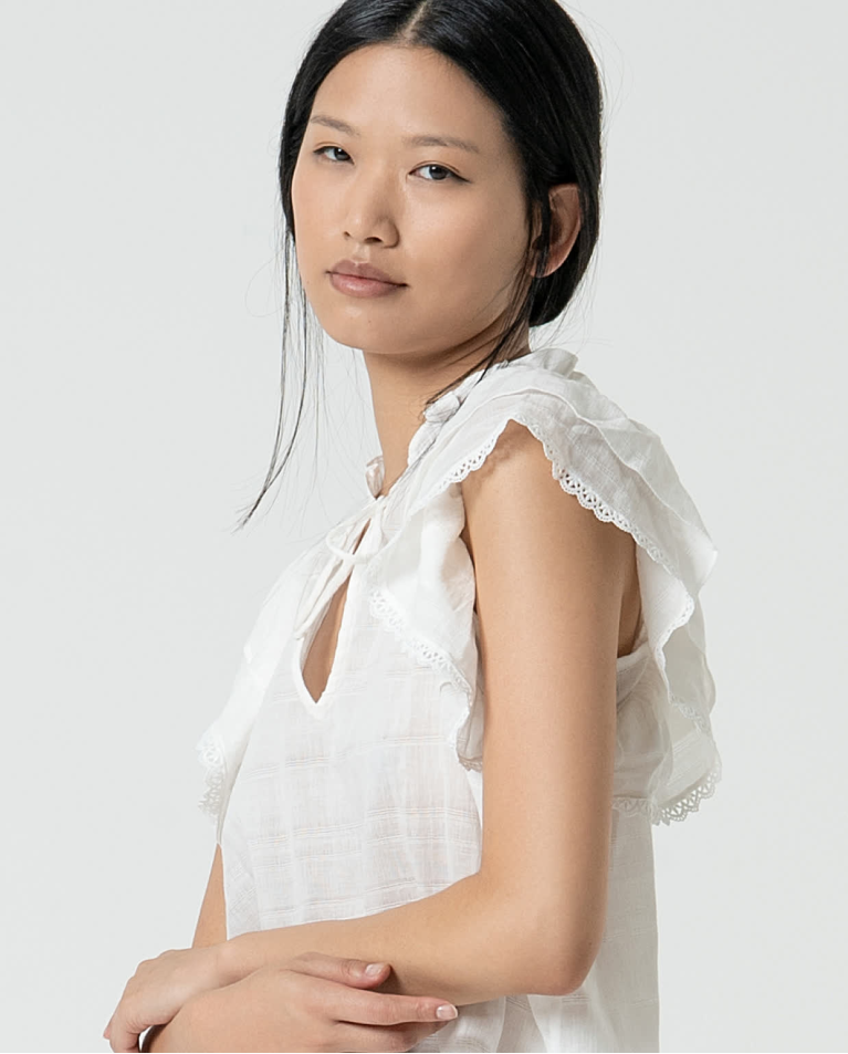 surkana Blusa romántica con volantes lisa Blanco Mejor oferta