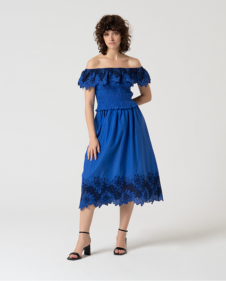 surkana Top crop con escote bardot bordado Azul Cobalto Oferta exclusiva