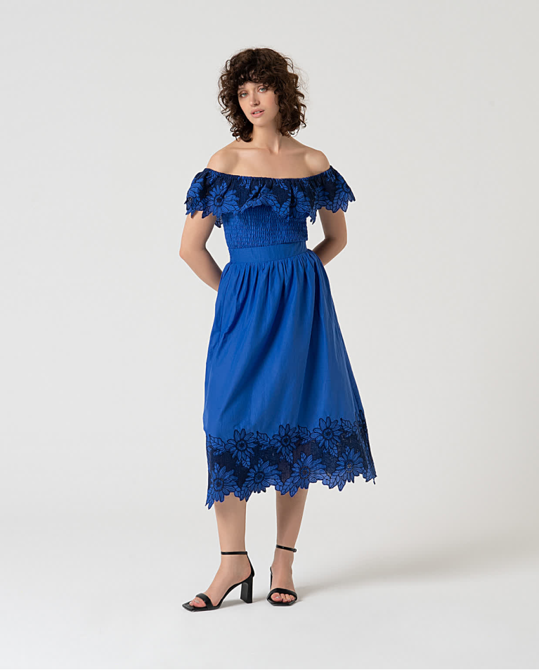 surkana Falda midi con bordado suizo Azul Cobalto
