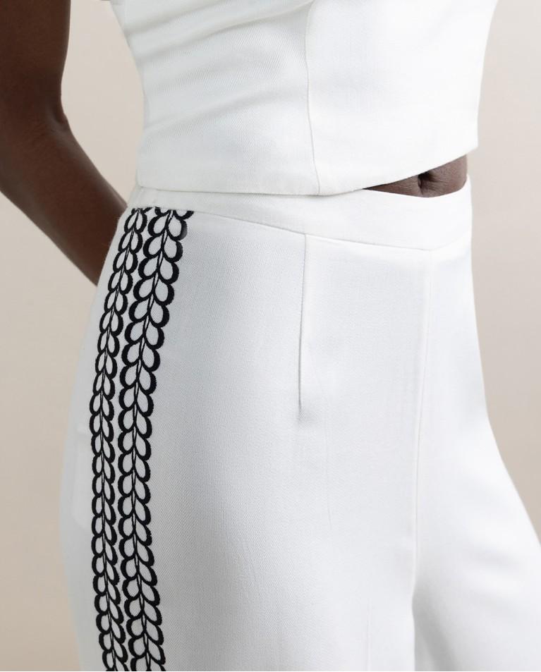 surkana Pantalón wide leg con bordados Blanco Grandes ahorros