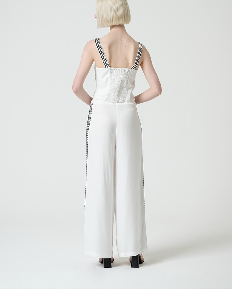 surkana Pantalón wide leg con bordados Blanco Grandes ahorros