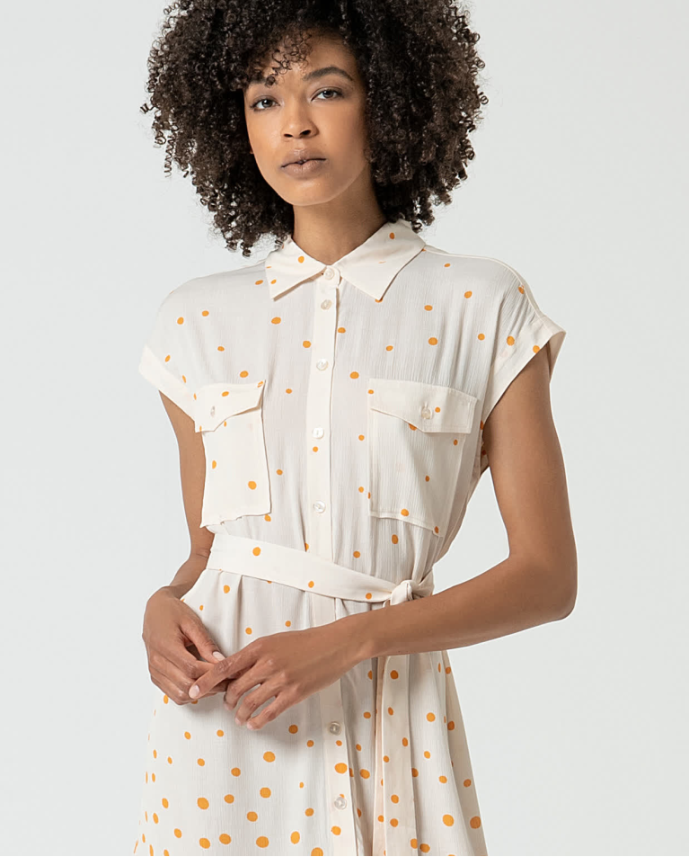 surkana Vestido camisero corto estampado lunares Beige Rebajas de fábrica