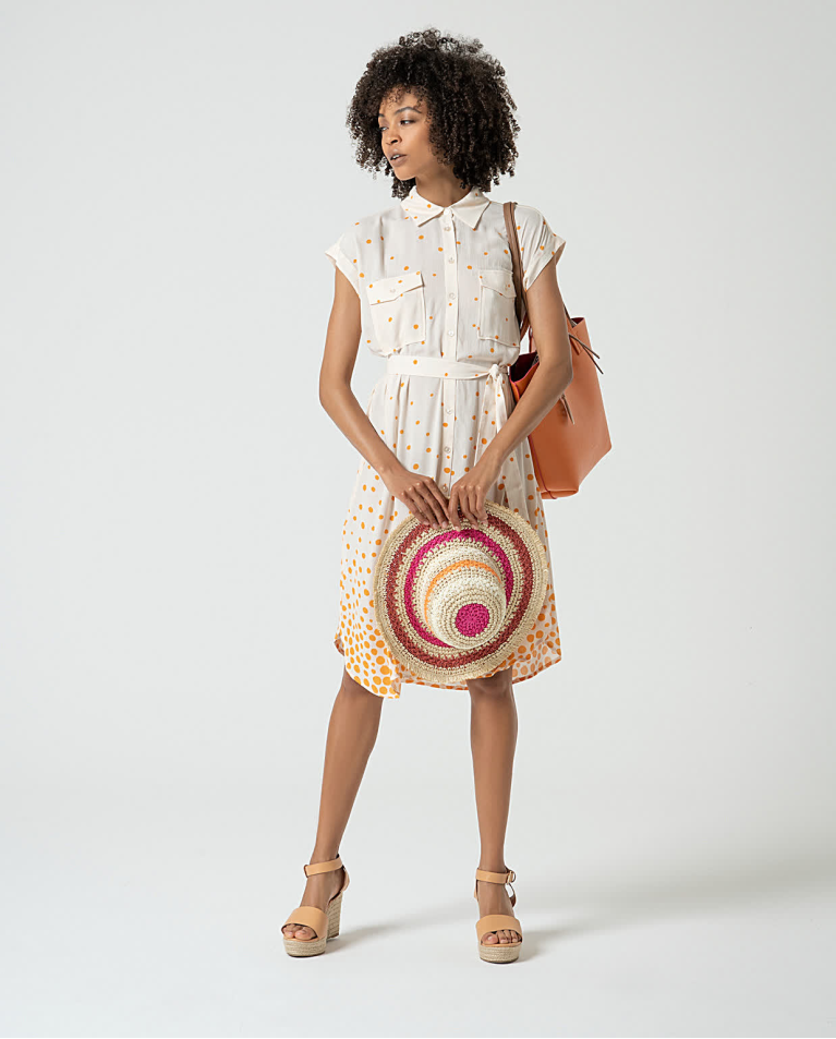 surkana Vestido camisero corto estampado lunares Beige Rebajas de fábrica