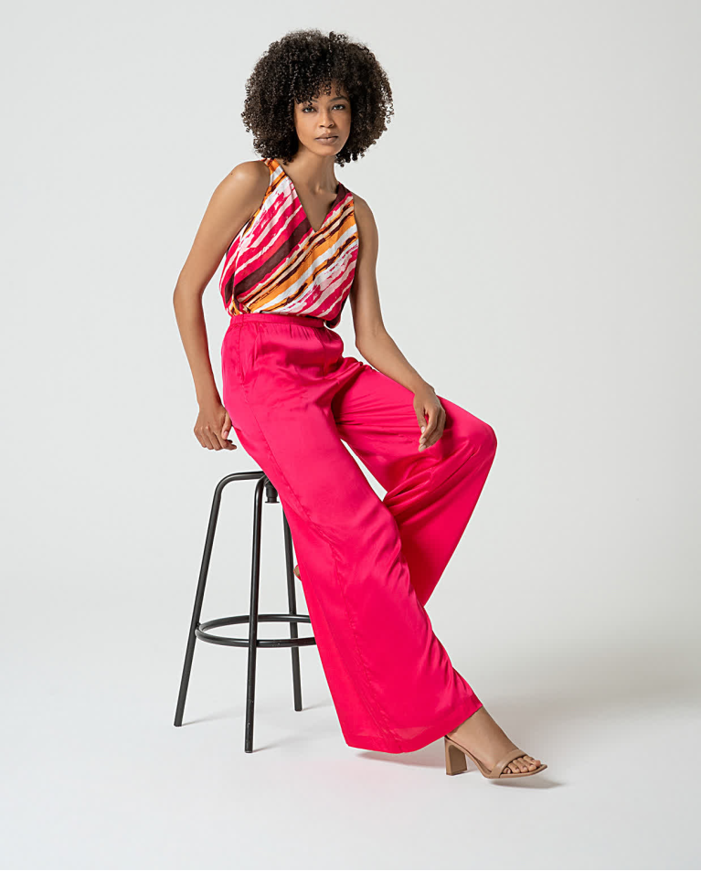 surkana Pantalón wide leg satinado liso Fucsia Oferta exclusiva