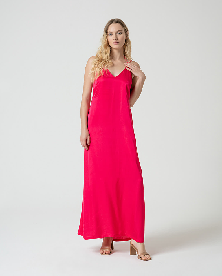 surkana Vestido largo satinado y fluido liso Fucsia