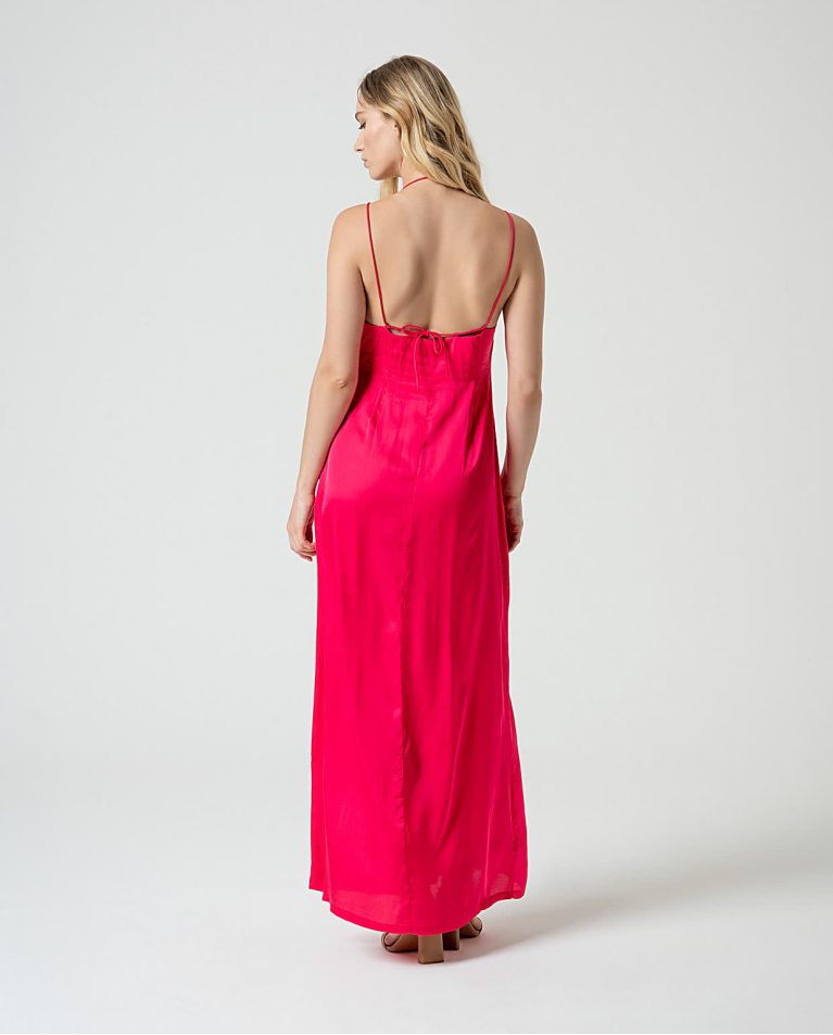 surkana Vestido largo satinado y fluido liso Fucsia Última moda