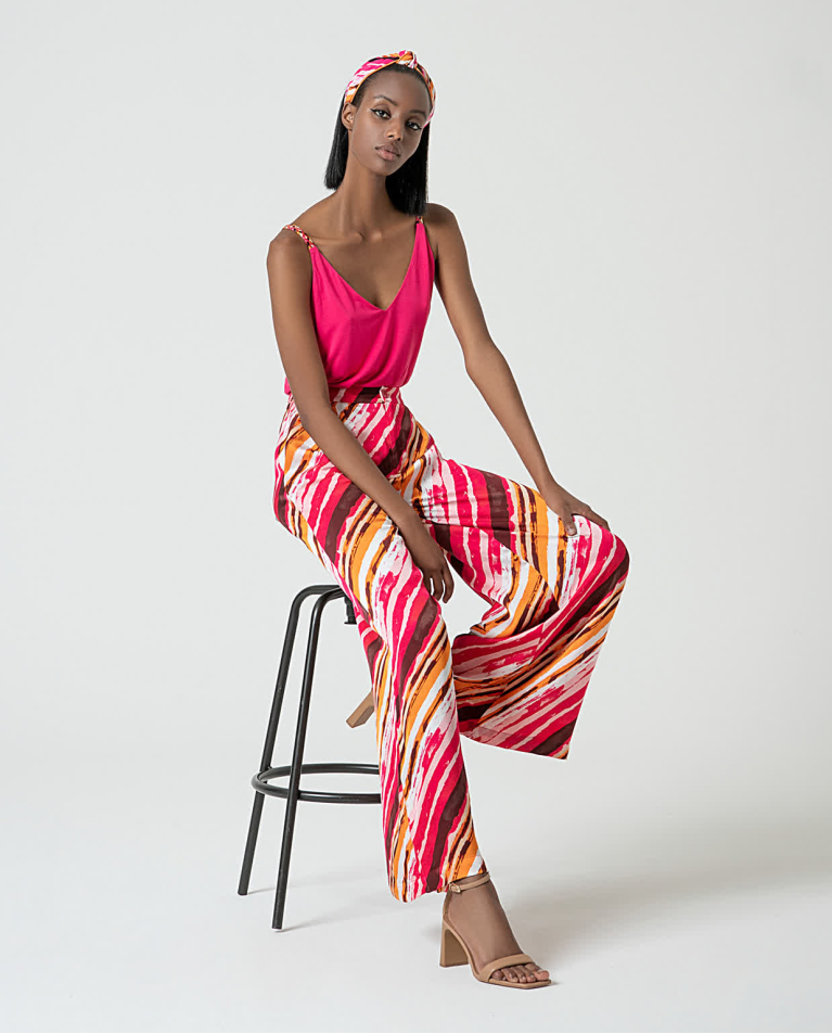 surkana Pantalón wide leg satinado estampado Fucsia Ofertas especiales