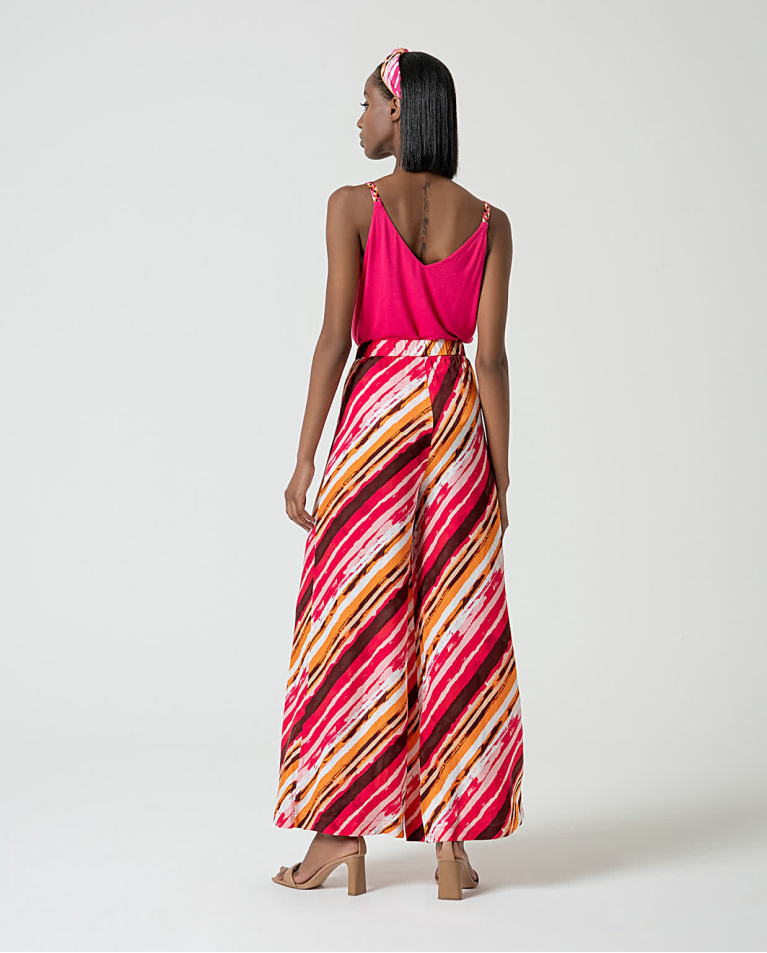 surkana Pantalón wide leg satinado estampado Fucsia Ofertas especiales
