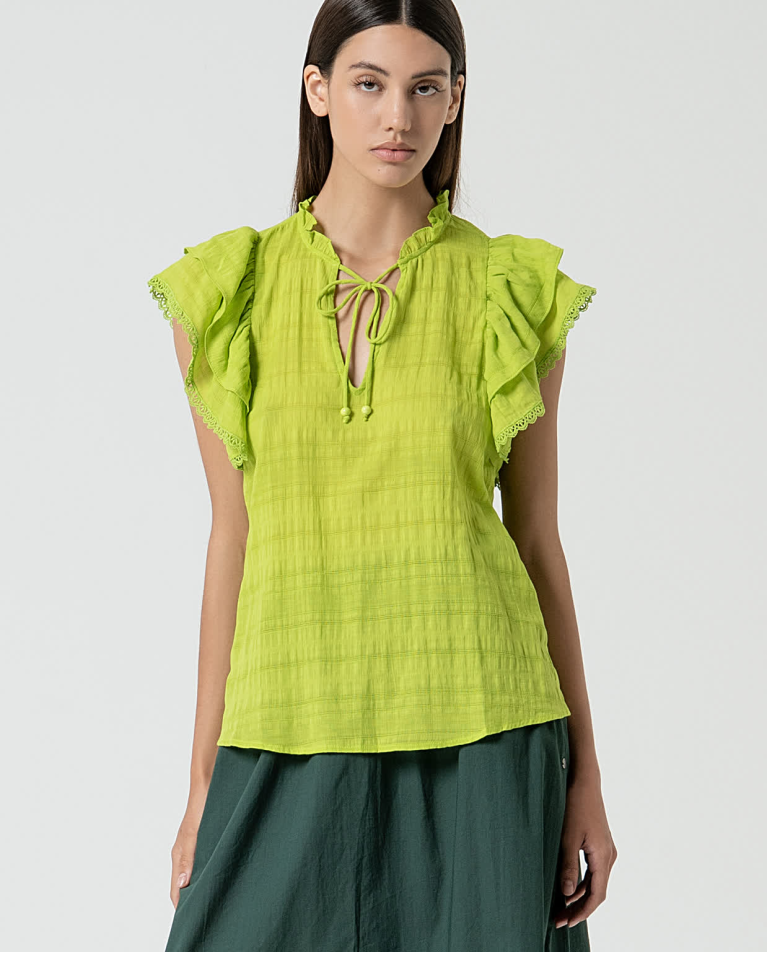 surkana Blusa romántica con volantes lisa Verde acido