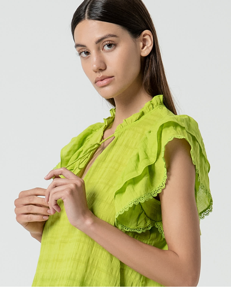 surkana Blusa romántica con volantes lisa Verde acido Rebajas baratas