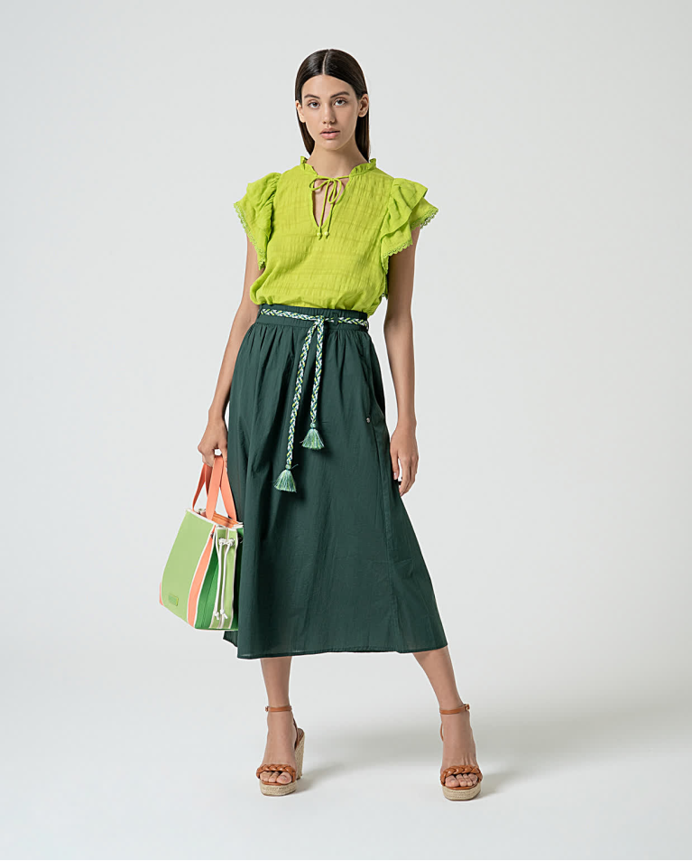 surkana Blusa romántica con volantes lisa Verde acido Rebajas baratas