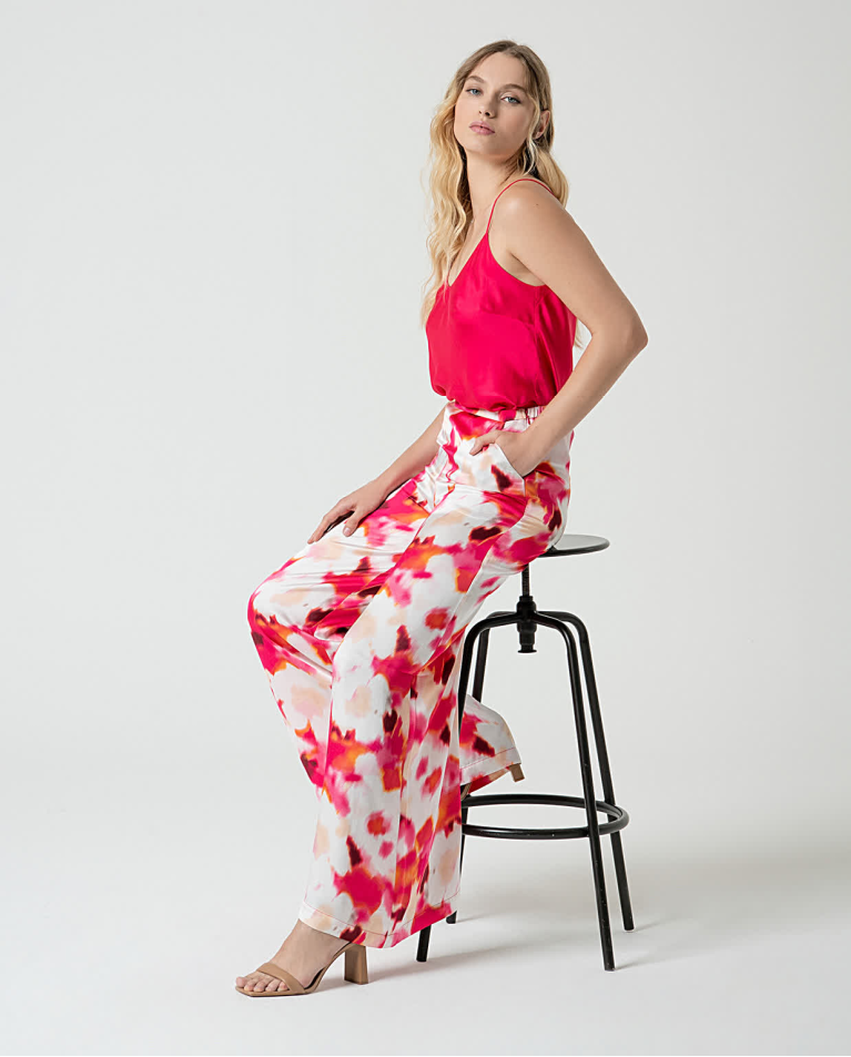 surkana Pantalón palazzo satinado estampado Fucsia Liquidación