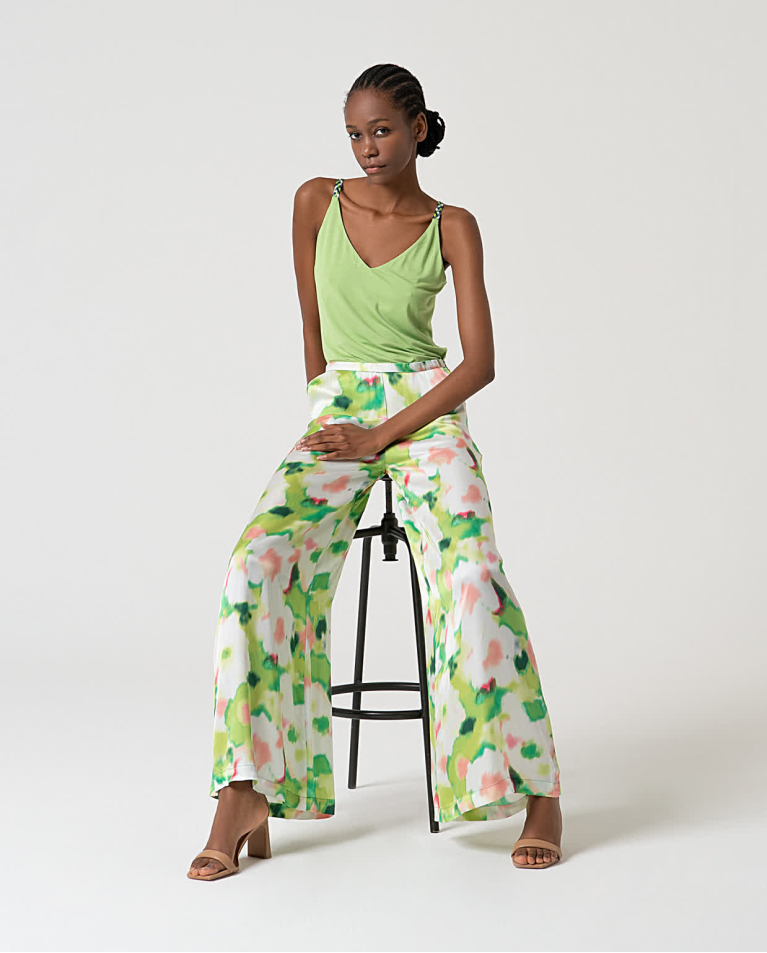 surkana Pantalón palazzo satinado estampado Verde Liquidación