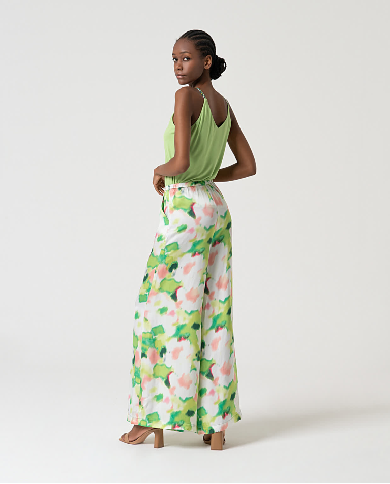 surkana Pantalón palazzo satinado estampado Verde Liquidación