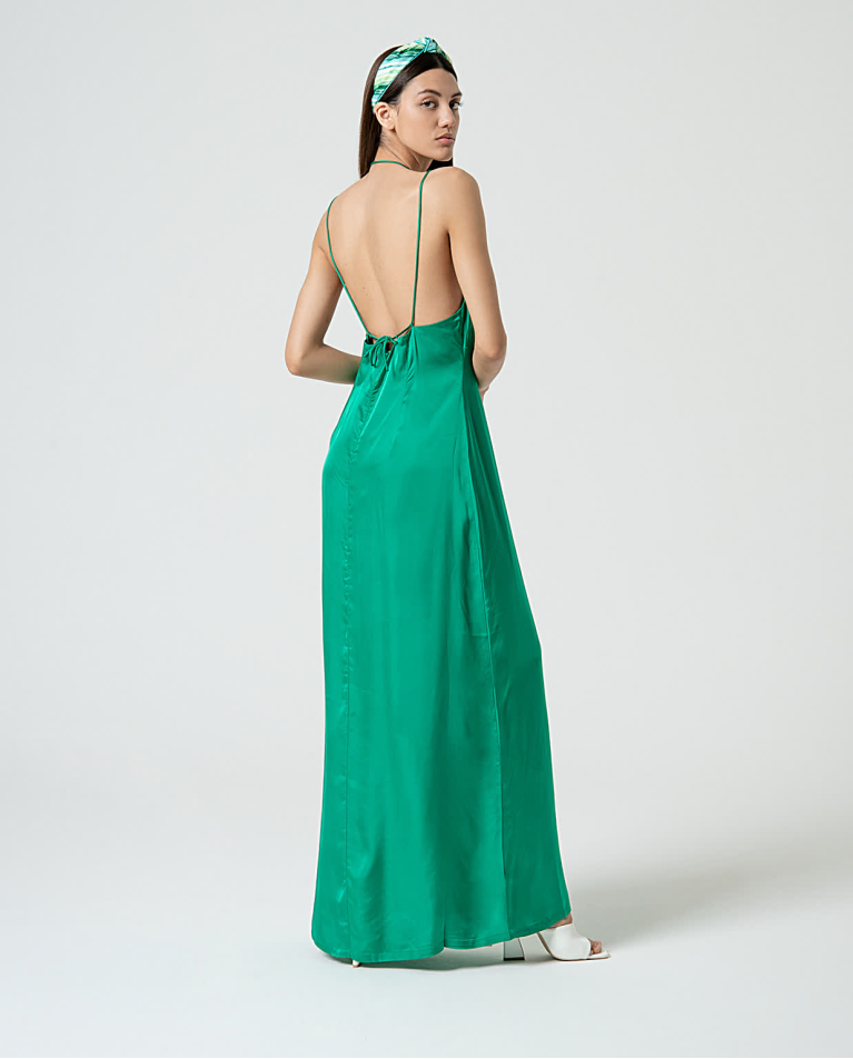 surkana Vestido largo satinado y fluido liso Verde Billiar Libre de impuestos